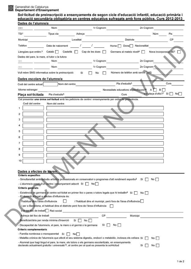 Formulari preinscripció curs 2012-2013