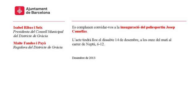 Invitació Inauguració del poliesportiu Josep Comellas (14-12-13)